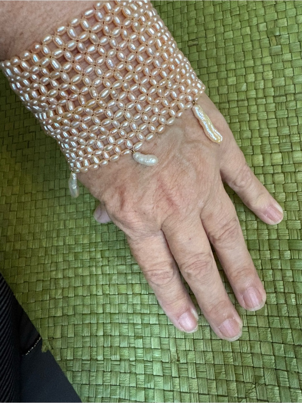Handwoven Pale Apricot Pearl Beaded Cuff Bracelet